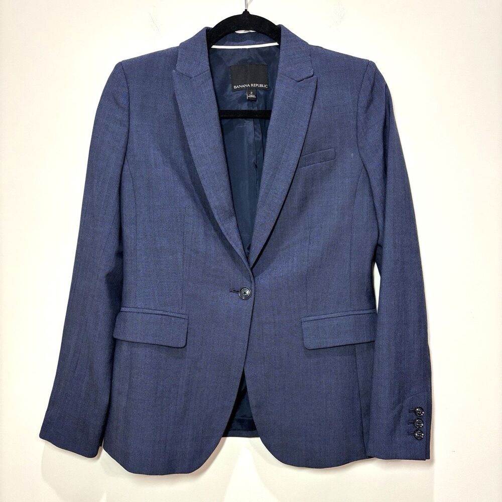 Banana Republic Women Wool Blend Blazer 2 Navy Blue Academia Career Timeless